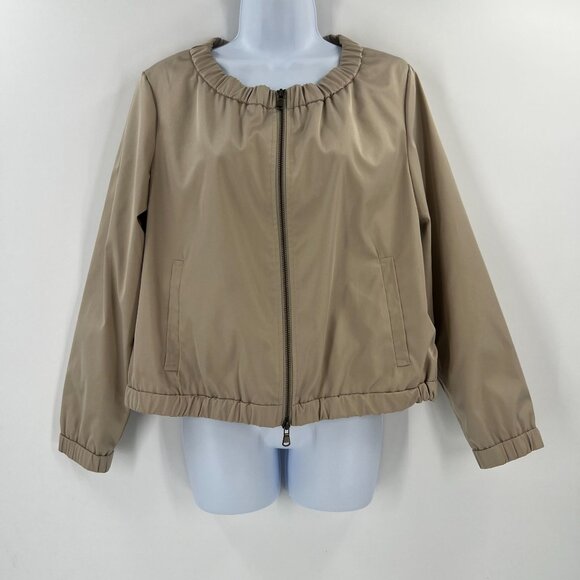 Chico's 1 US 8/M Tan Ruched Collar Bomber Jacket Full Zip Lined Lightweight - Picture 9 of 9
